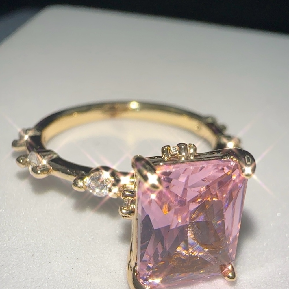 Princess Cut Pink CZ Ring – Gold Plated Brass Micro Inlay, Sizes 7 New - Picture 9 of 9